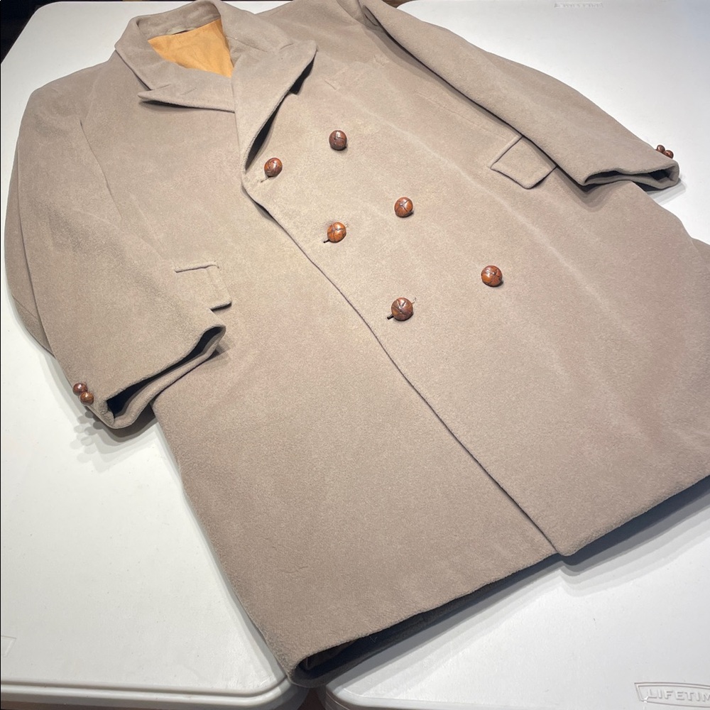 Crombie Taupe Virgin Wool Double-Breasted Overcoat - Size 46-47 XL - Picture 4 of 11